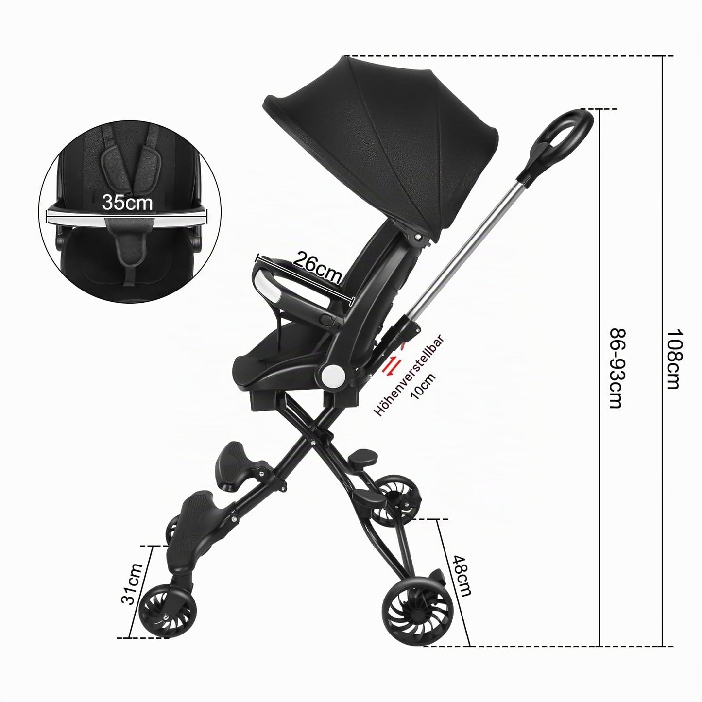 Buggy für Babys, ultraleicht, kompakt, faltbar und neigbar, von Geburt bis 25 kg, mit Trolley-System, Regenschutz inklusive, ausziehbarer Haube, C-schwarz