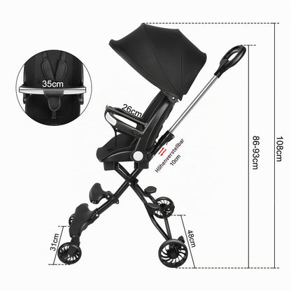 Buggy für Babys, ultraleicht, kompakt, faltbar und neigbar, von Geburt bis 25 kg, mit Trolley-System, Regenschutz inklusive, ausziehbarer Haube, C-schwarz