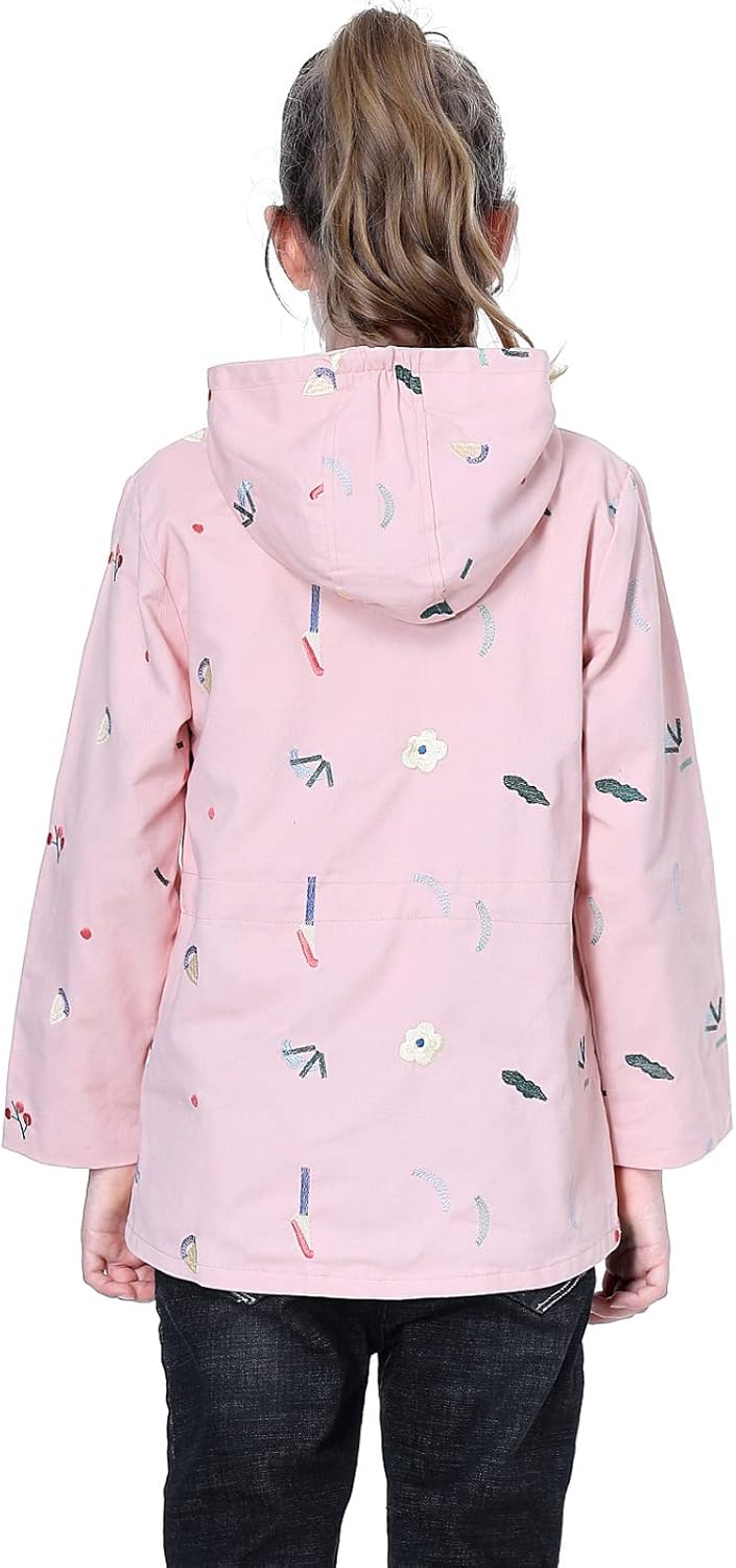 SXSHUN Girls' Windbreaker Jacket with Hood and Floral Embroidery, Hooded Trench Coat