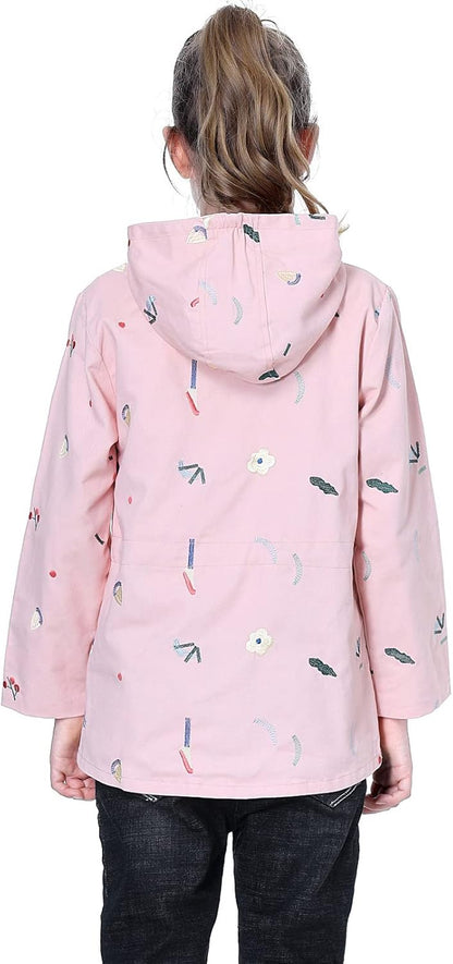 SXSHUN Girls' Windbreaker Jacket with Hood and Floral Embroidery, Hooded Trench Coat