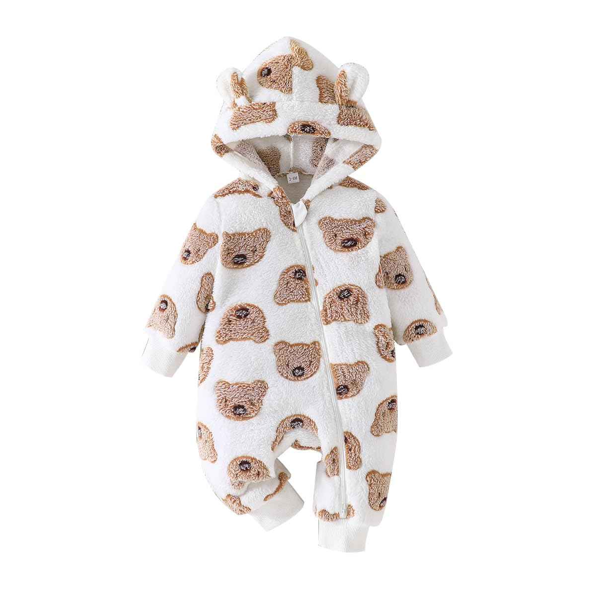 Yanmucy Newborn Baby Winter Romper with Hood Cartoon Bear Baby Snowsuit Warm Fleece Zip Baby Girl Boy Jumpsuit 0-18 Months