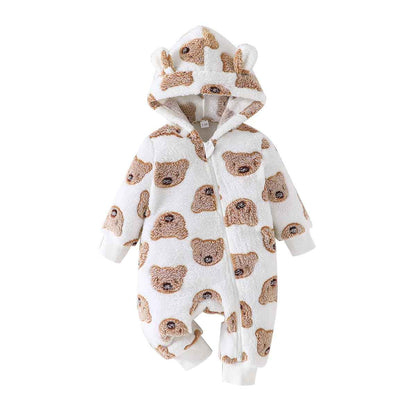 Yanmucy Newborn Baby Winter Romper with Hood Cartoon Bear Baby Snowsuit Warm Fleece Zip Baby Girl Boy Jumpsuit 0-18 Months