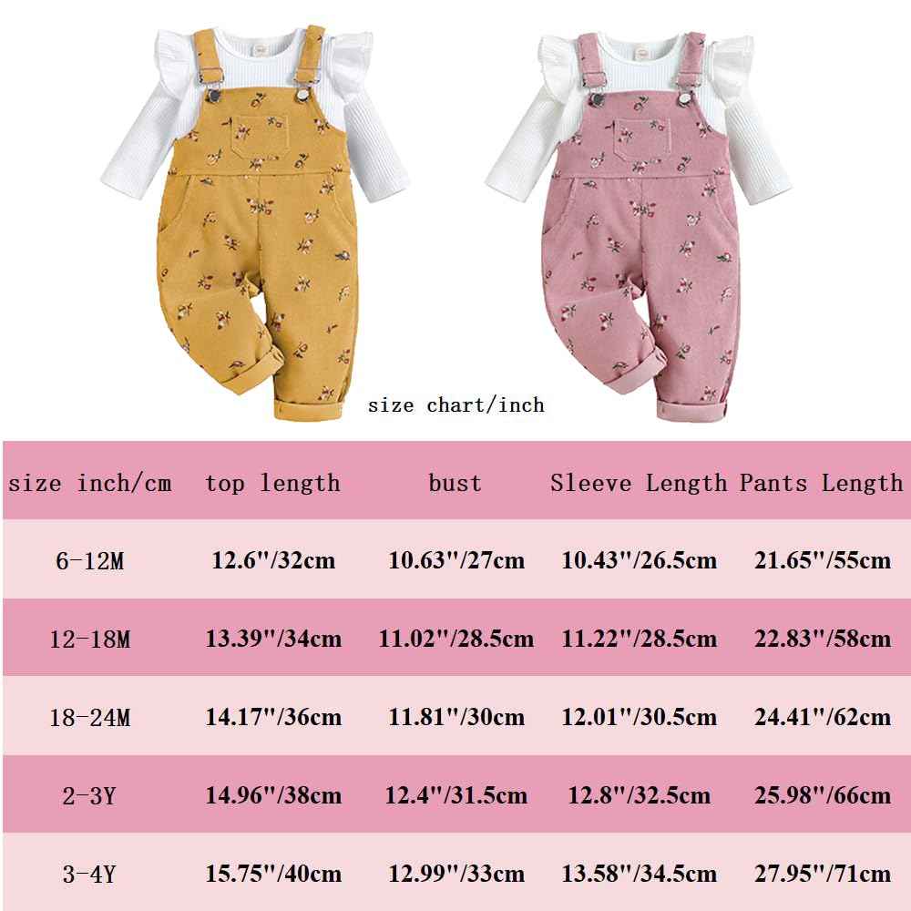 Baby Girls' Clothing Ribbed Knit Long Sleeve Tops Floral Pattern Braces Trousers with Pocket Outfits Sets