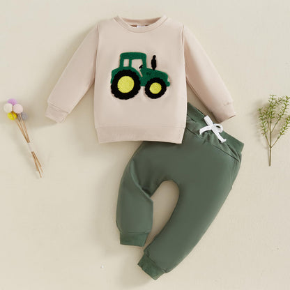 Baby-Frühlings-Outfit für Jungen, Trainingsanzüge mit Traktor-/Auto-Print, Sweatshirts mit langen Ärmeln mit Autodruck + elastische Kordelzughose, 2-teiliges Sportbekleidungsset, weiche Traktor-Outfits