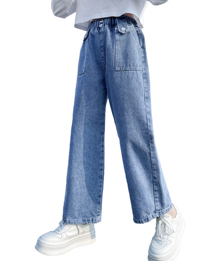 Rolanko Girls' Jeans Trousers with Hole, Denim Blue Jeans, Vintage Trousers With Wide Leg for Children