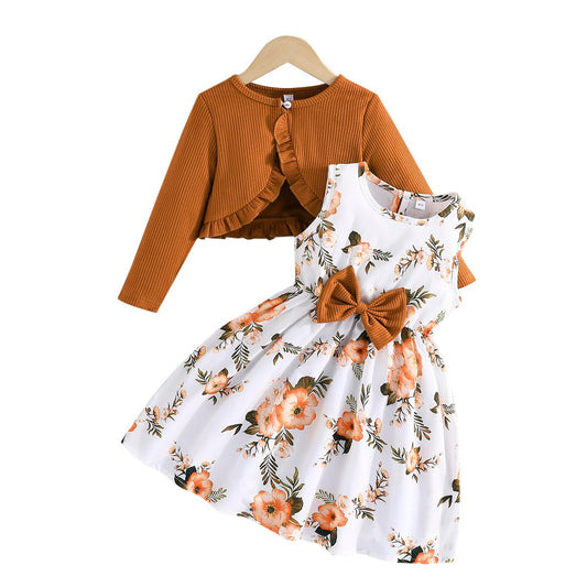 Yanmucy Kleine Mädchen Kleider mit Strickjacke Sets Baby Mädchen Kleider Kleinkind Kinder Langarm Ruffle Mantel Mädchen Kleidung für 2-8 Jahre