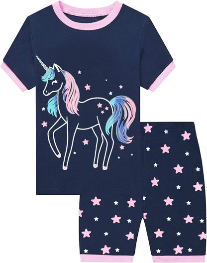 EULLA Mädchen Schlafanzug Kinder Kurz Einhorn Dino Katze Prinzessin Hase Pyjama Set Sommer Kleidung Zweiteiliger Nachtwäsche Baumwolle 92 98 104 110 116 122