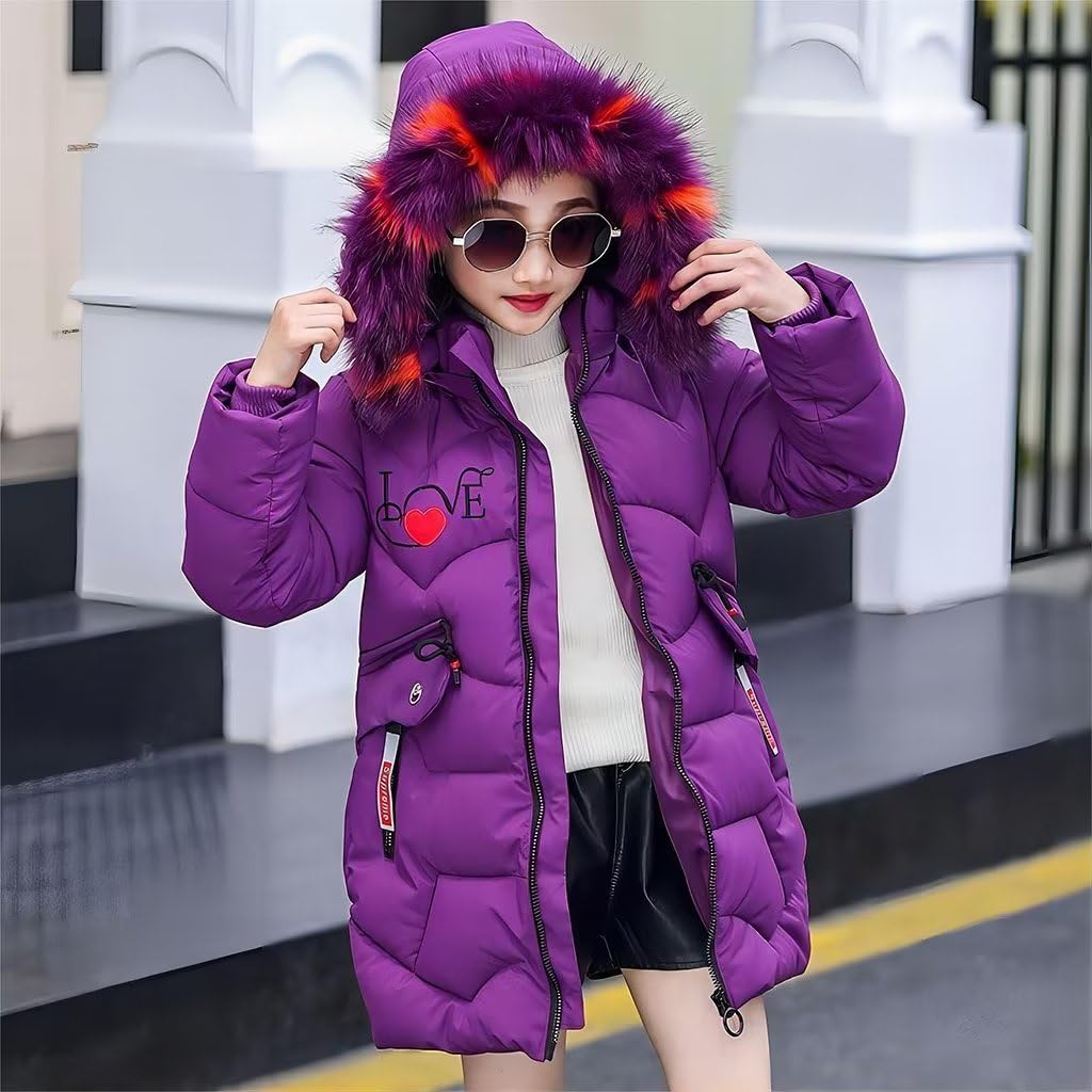 linboo Girls' Winter Jacket Children's Winter Coat Thick Quilted Jacket Long Warm Parka Cotton Jacket Outdoor Coat with Fur Hood and Love Embroidery Print