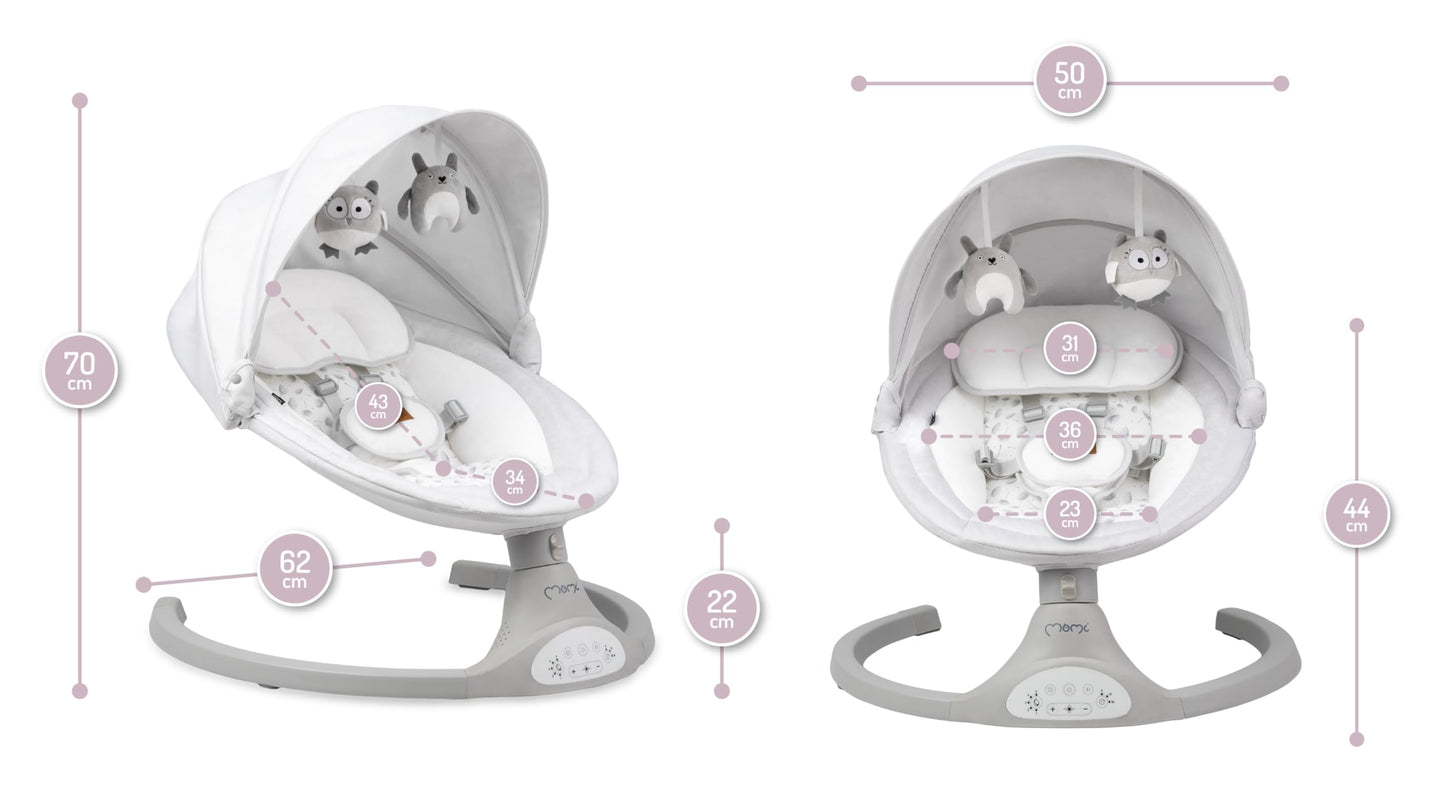 MoMi KENANI baby bouncer for children up to 9 kg, foldable, with remote control &amp; Bluetooth for connecting to a smartphone, battery or power connection, with 5-point safety belt, sun protection, insect net 