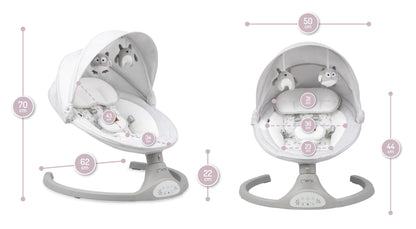 MoMi KENANI baby bouncer for children up to 9 kg, foldable, with remote control &amp; Bluetooth for connecting to a smartphone, battery or power connection, with 5-point safety belt, sun protection, insect net 