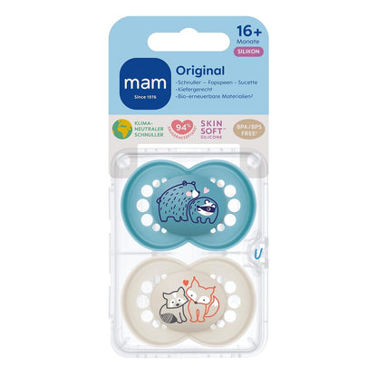 MAM Original Schnuller im 2er-Set, zahnfreundlicher Baby Schnuller aus nachhaltigen & bio-erneuerbaren Materialien, Sauger aus MAM SkinSoft Silikon, mit Schnullerbox, 0-6 Monate, Hase/Reh