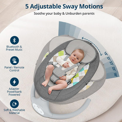 Bioby Elektrische Babywippe | Babyschaukel mit 5-Punkt-Gurt & 5 Schaukelmodi, Leicht & Sicher Wippe Baby Elektronisch mit Bluetooth-Musik & Fernbedienung, für 0-12 Monate (2-9 kg), Grau