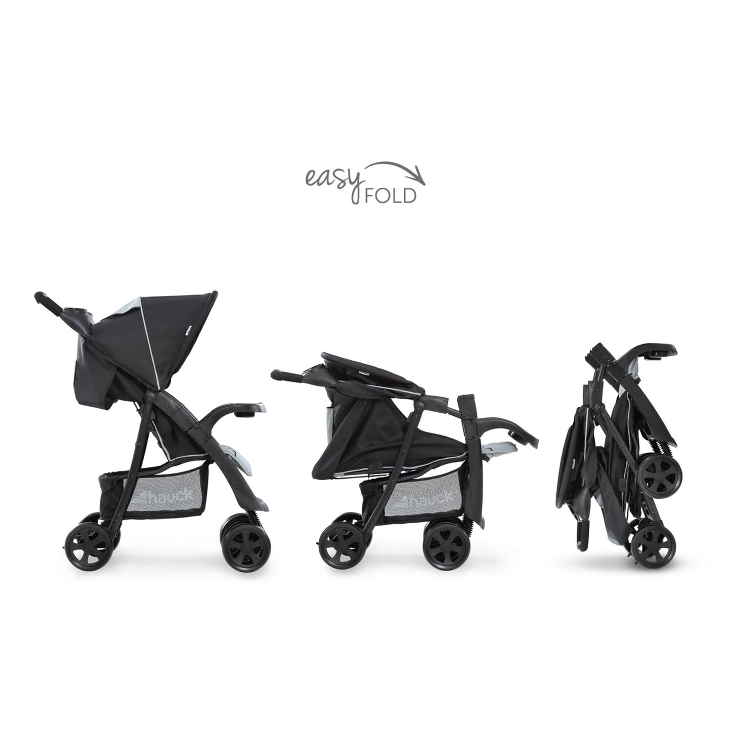 hauck Shopper Neo II, Schwarz Grau - Kinderbuggy mit Liegeposition ab Geburt bis 22 kg, 2x Tablett mit Getränkehalter, Einhändig Klein Zusammenklappbar, Tasche im Verdeck, XL Korb