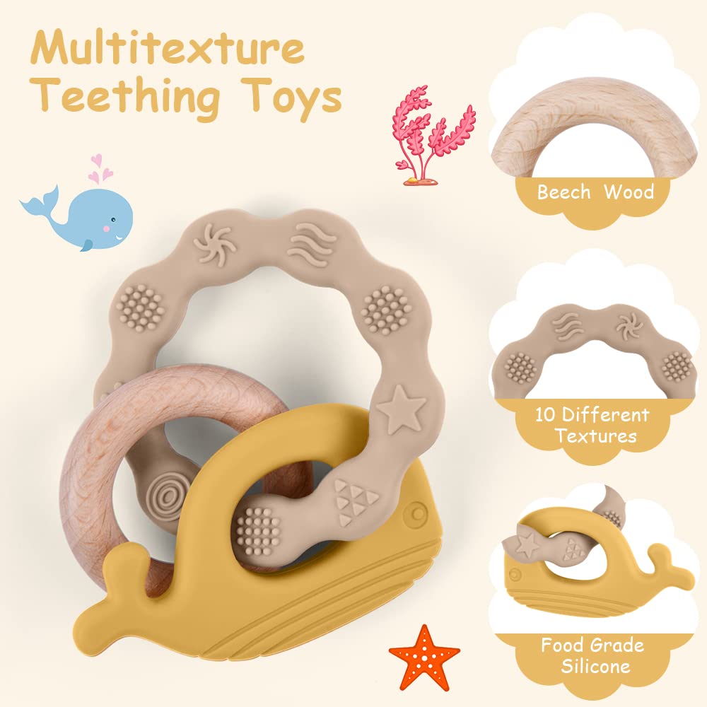Vicloon Beißring für Babys, Beißring Spielzeug aus Silikon und Holzringe, Baby Zahnungshilfe BPA-frei, Schmerzlindernde Zahnen Nursing Zubehör für ab 3 Monaten Babys(Wal Blau)