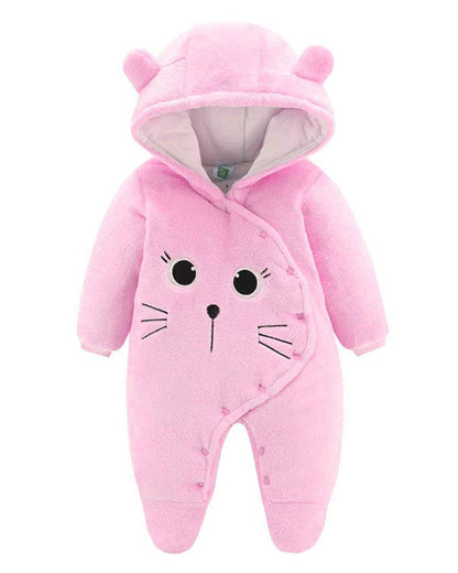 JiAmy Baby-Overall Baby-Strampler Flanell Winter-Strampelanzug mit Füßchen Kapuze Cartoon,Khaki 6-9 Monate