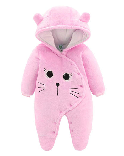 JiAmy Baby-Overall Baby-Strampler Flanell Winter-Strampelanzug mit Füßchen Kapuze Cartoon,Khaki 6-9 Monate