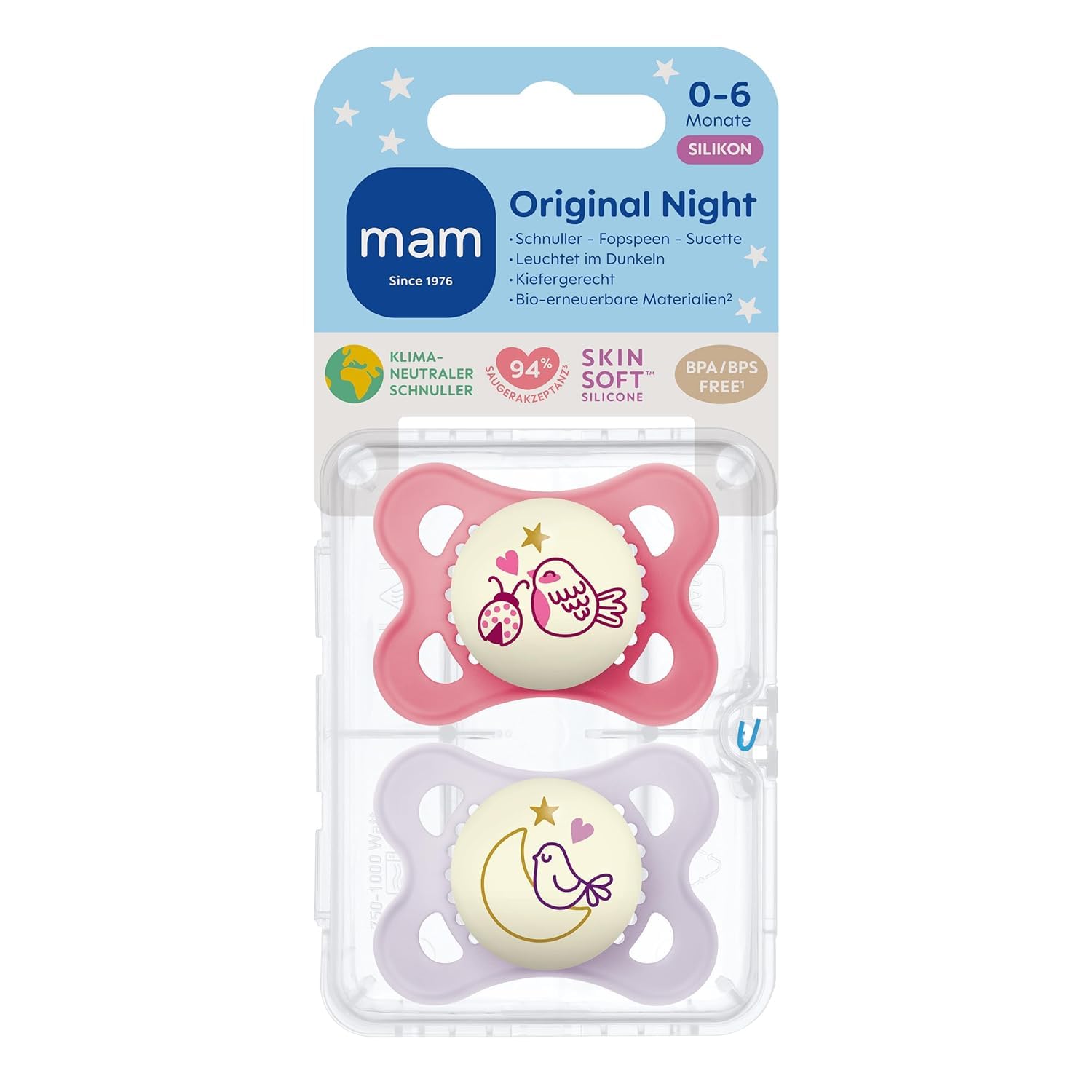 MAM Original Schnuller im 2er-Set, zahnfreundlicher Baby aus nachhaltigen & bio-erneuerbaren Materialien, Sauger aus SkinSoft Silikon, mit Schnullerbox, 0-6 Monate, Fisch/Seerose - Meloni2