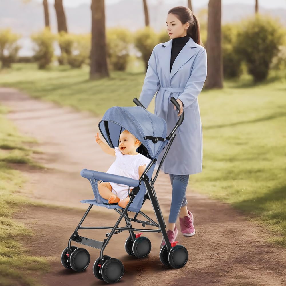 Buggy für Babys, ultraleicht, kompakt, faltbar und neigbar, von Geburt bis 25 kg, mit Trolley-System, Regenschutz inklusive, ausziehbarer Haube, C-schwarz