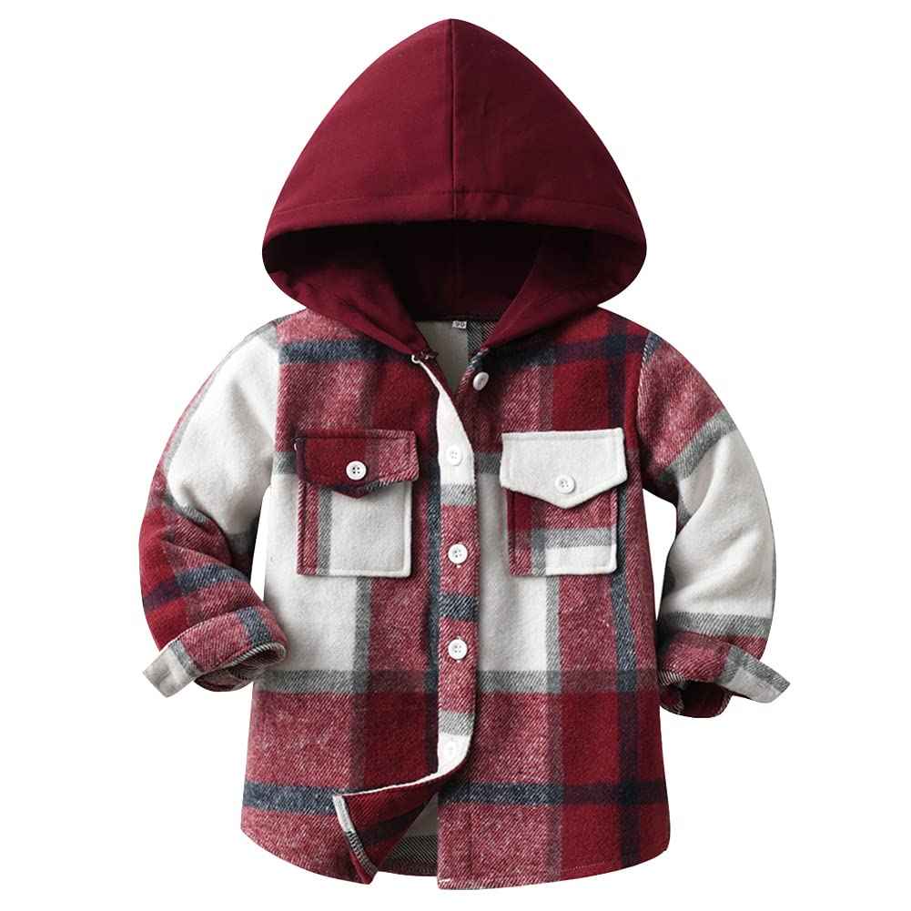 Kinder Übergangsjacke Jungen Kindermantel Mädchen Jacke Kariertem Hemd mit Kapuze für Frühling und Herbst
