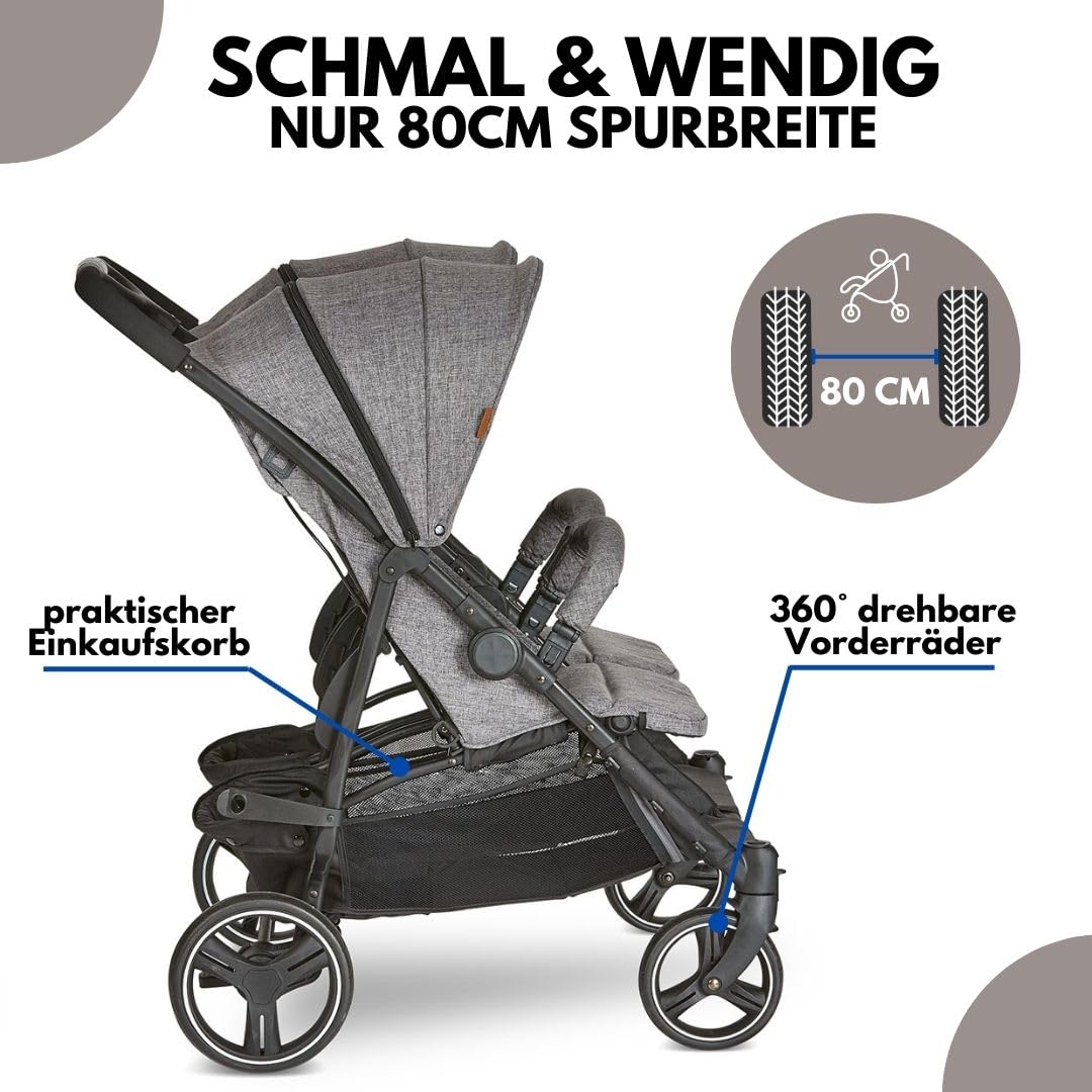 ABC Design Zwillingsbuggy Twin Circle - leichter und wendiger Kinderwagen für Zwillinge mit Liegefunktion, klein zusammenklappbarer Geschwisterwagen - Woven Graphite