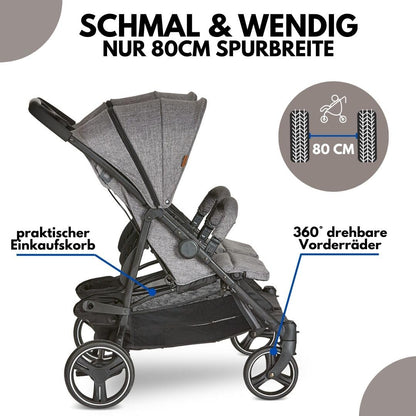 ABC Design Zwillingsbuggy Twin Circle - leichter und wendiger Kinderwagen für Zwillinge mit Liegefunktion, klein zusammenklappbarer Geschwisterwagen - Woven Graphite