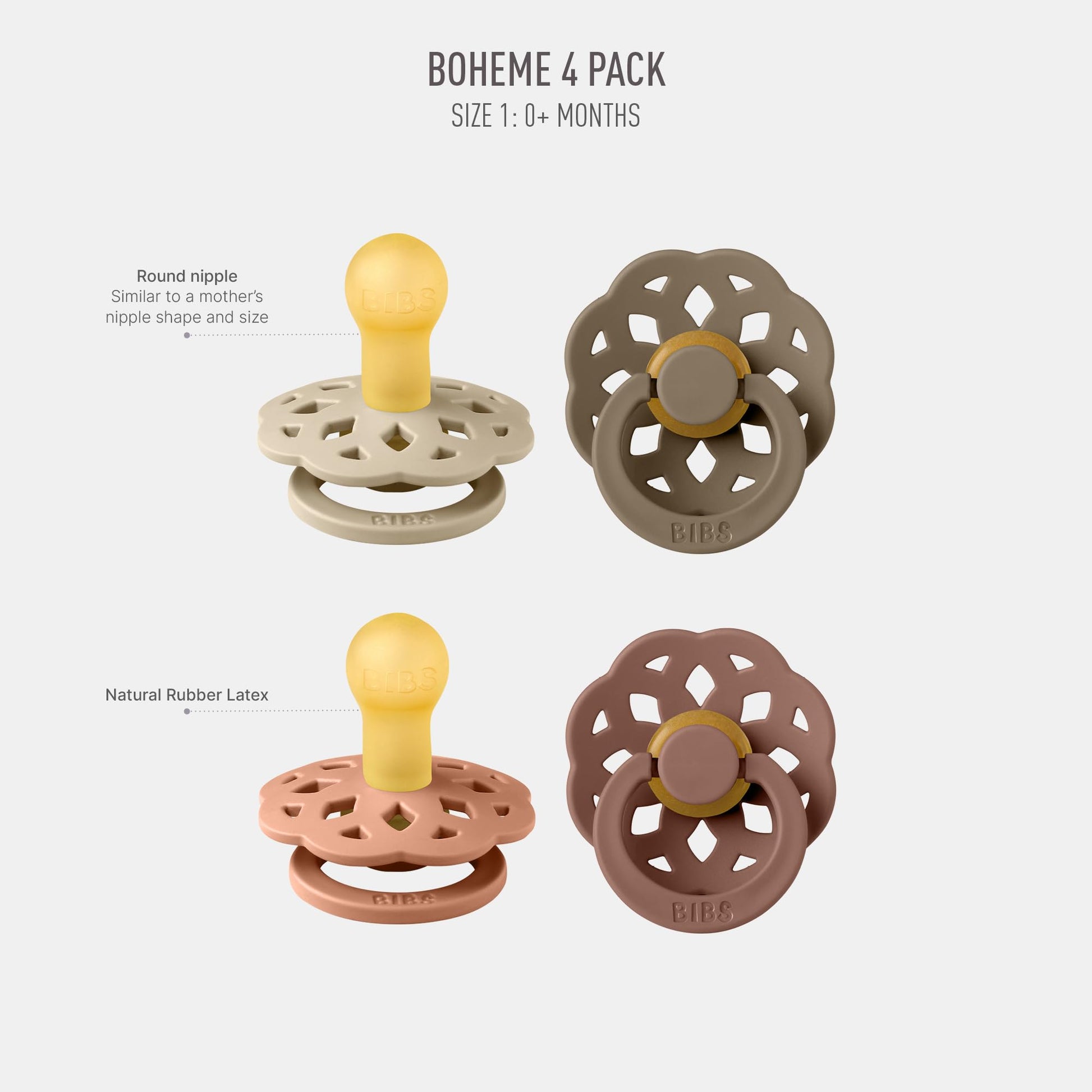 BIBS Boheme Schnuller 4er-Pack. BPA-frei, Kirschform Nippel. Naturkautschuk/Latex, Hergestellt in Dänemark. Größe 1/2, (0-6 Monate/6-18 Monate), (4er Pack), Vanilla Mix - Meloni2