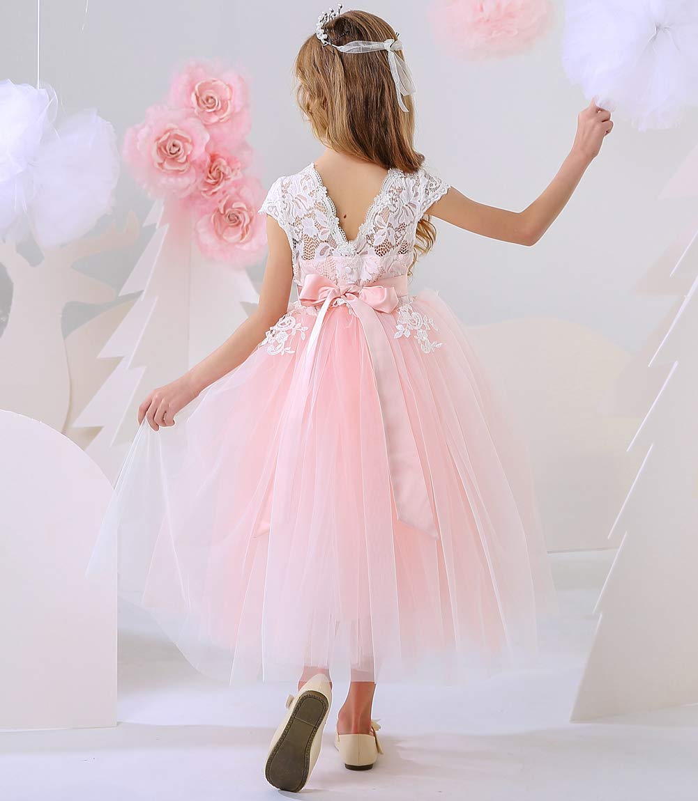 TYHTYM Blumenmädchen Kleid, Festzug, Hochzeit, Spitzenkleid, Abschlussballkleid, Mädchen, Partykleid, Flattern Ärmel, Weiß