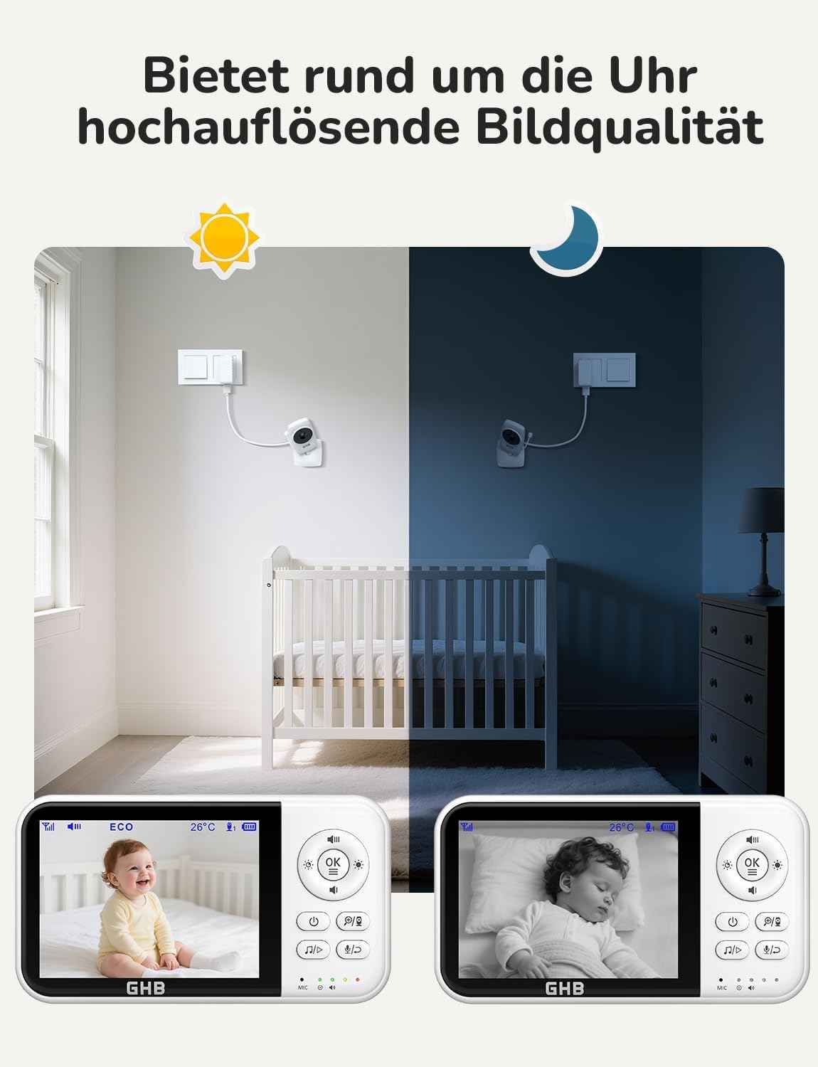 GHB Babyphone mit Kamera Baby Monitor 3,2 Zoll Weiß | 2100 mAh Akku, Max. 60 Std Akku im VOX Modus, Infrarot-Nachtsicht ohne Störlicht, Gegensprechfunktion, Temperatursensor