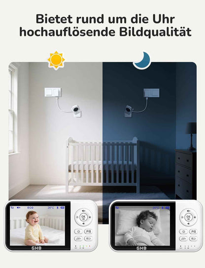 GHB Babyphone mit Kamera Baby Monitor 3,2 Zoll Weiß | 2100 mAh Akku, Max. 60 Std Akku im VOX Modus, Infrarot-Nachtsicht ohne Störlicht, Gegensprechfunktion, Temperatursensor