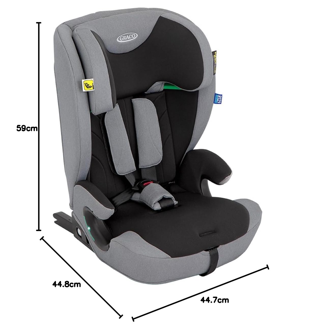 Graco Energi™ i-Size R129 Kindersitz, Autositz vorwärtsgerichtet ab 15 Monaten bis ca. 12 Jahre (76-150 cm), 5-Punkt-Gurtsystem, ISOFIX und Tether, Installation mit Fahrzeuggurt, grau/schwarz, Meteor