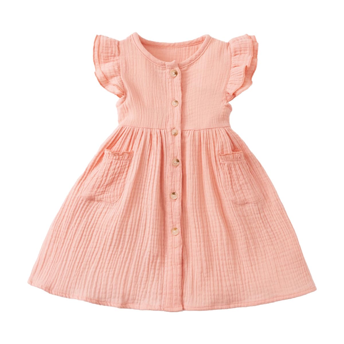 Kleinkinder Mädchen Sommerkleid Rüschenärmel Rundhalsausschnitt Knopfleiste Kleid lässiges Herbst A-Linien Party Kinderkleider 2-6 Jahre