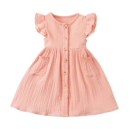 Kleinkinder Mädchen Sommerkleid Rüschenärmel Rundhalsausschnitt Knopfleiste Kleid lässiges Herbst A-Linien Party Kinderkleider 2-6 Jahre