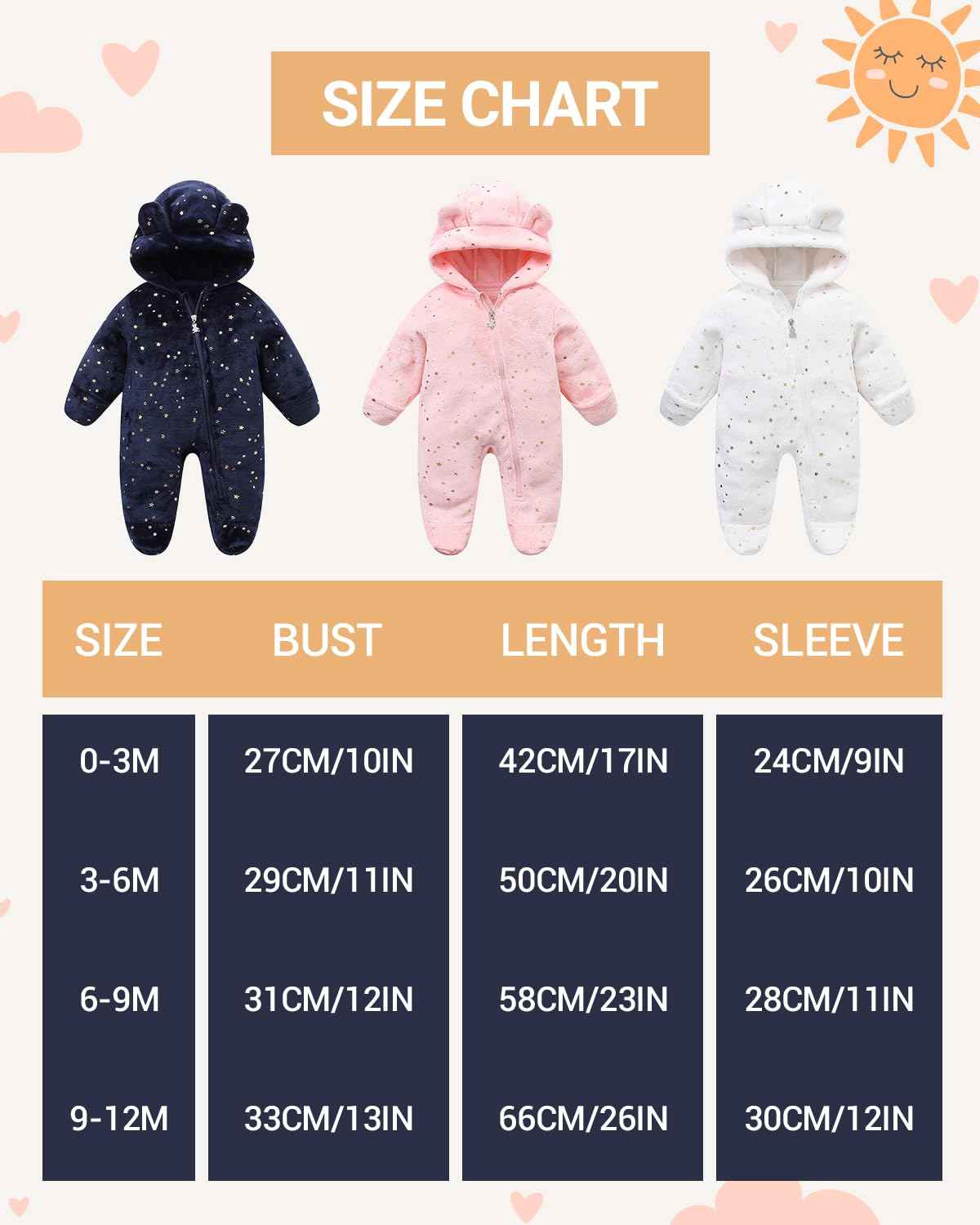 WYTbaby Baby Jumpsuit Winter Fleece Snowsuit Baby Warm Romper with Hood Autumn Winter for Boys Girls 0-12 Months