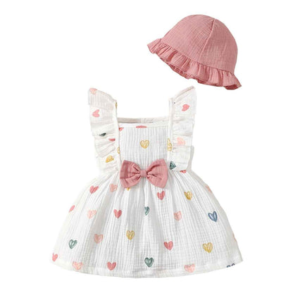 Kleinkind Baby Mädchen Sommer Kleid Outfit Rüschenärmel Herz/Blumenmuster Boho Kleider Niedliches Baby Sommerkleid mit Hut