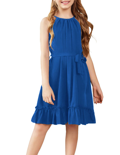 Arshiner Mädchen Kleid Neckholder Sommerkleid Rüschensaum Midikleid A-Linie Kinderkleid Swing Partykleider Abendkleid Kinder Festliche Kleider Freizeitkleid mit Gürtel 6-14 Jahre