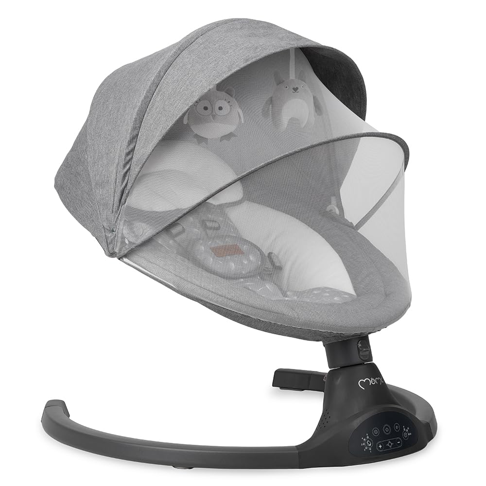 MoMi KENANI baby bouncer for children up to 9 kg, foldable, with remote control &amp; Bluetooth for connecting to a smartphone, battery or power connection, with 5-point safety belt, sun protection, insect net 