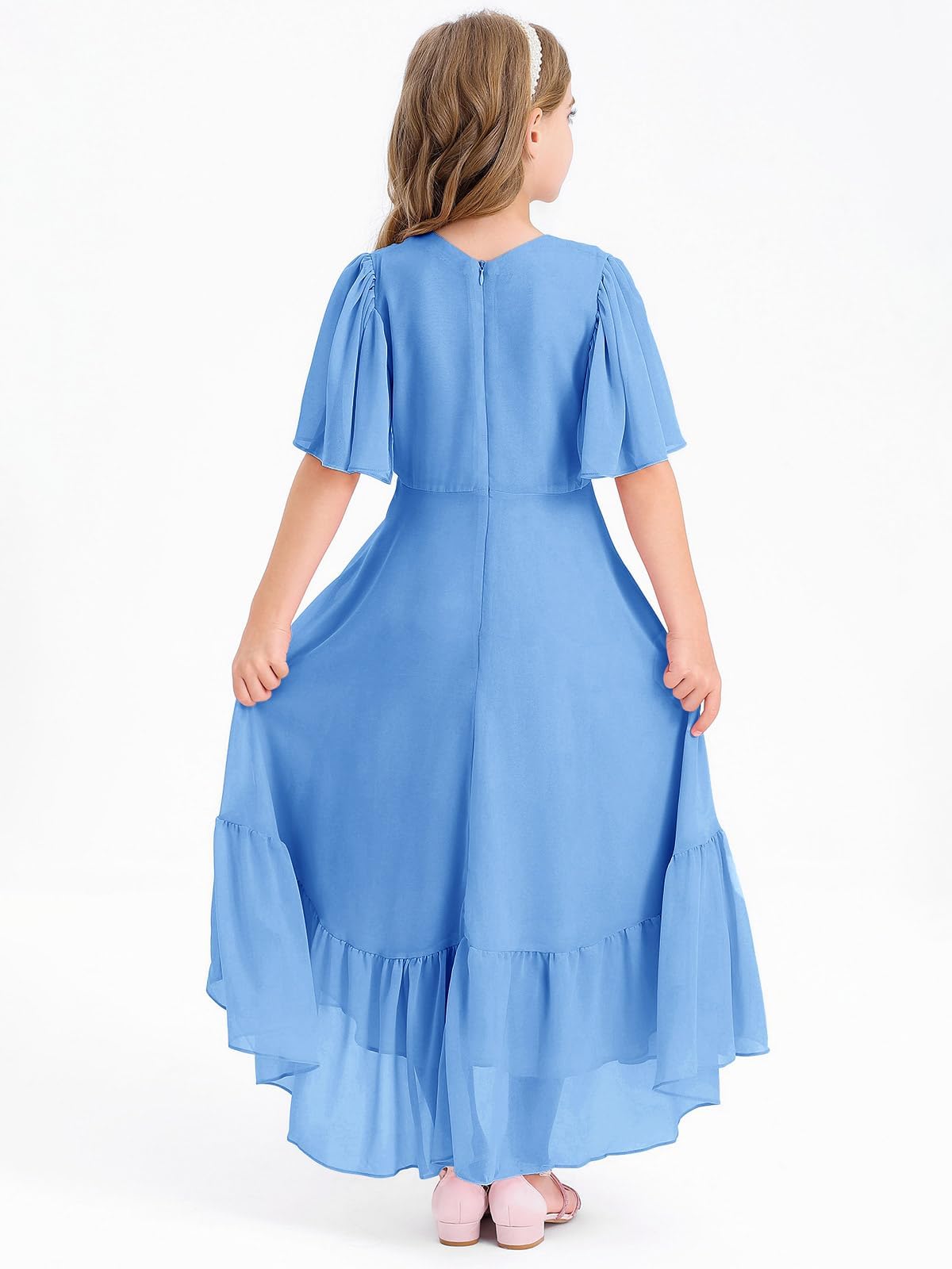 Haloumoning Mädchen Sommerkleid V-Ausschnitt Rüschenkleider Casual A Line Kleid Flowy Hoch Niedrig Lang Partykleid Elegant Langes Abendkleid