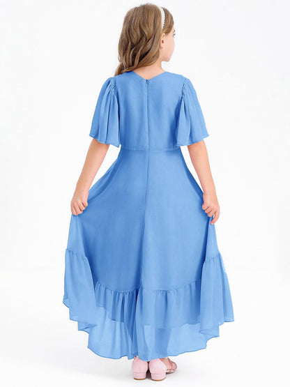 Haloumoning Mädchen Sommerkleid V-Ausschnitt Rüschenkleider Casual A Line Kleid Flowy Hoch Niedrig Lang Partykleid Elegant Langes Abendkleid