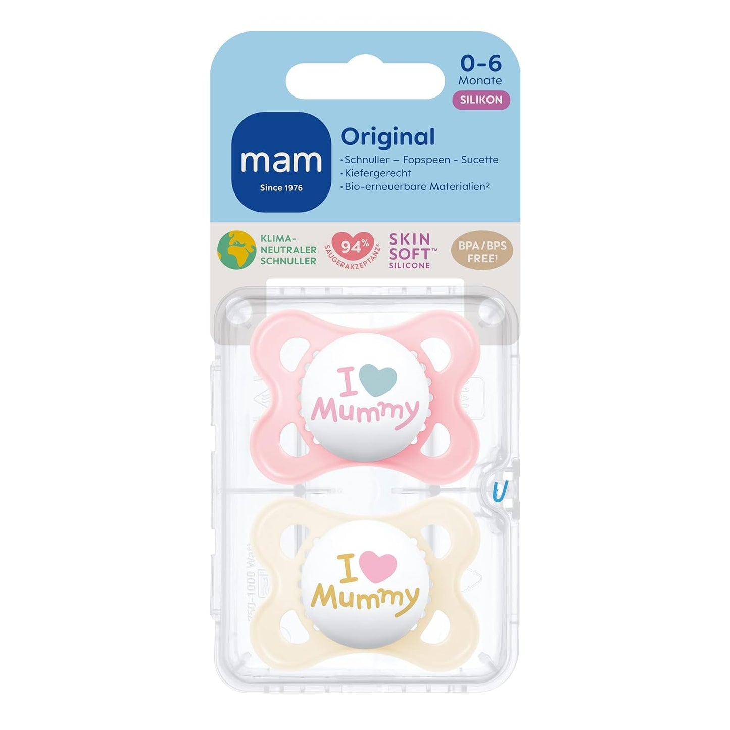 MAM Original Schnuller im 2er-Set, zahnfreundlicher Baby Schnuller aus nachhaltigen & bio-erneuerbaren Materialien, Sauger aus MAM SkinSoft Silikon, mit Schnullerbox, 0-6 Monate, blau/beige - Meloni2