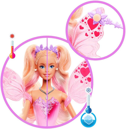 Mattel Barbie-Puppe Fee mit Spielzeugzauberstab und Mode-Accessoires, Fantasiethema mit Farbwechsel bei Flügeln und Outfit, JCP76, [Mehrfarbig]