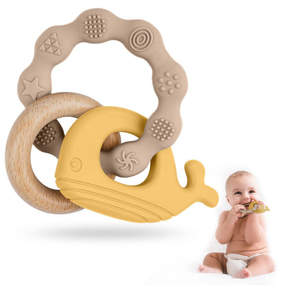 Vicloon Beißring für Babys, Beißring Spielzeug aus Silikon und Holzringe, Baby Zahnungshilfe BPA-frei, Schmerzlindernde Zahnen Nursing Zubehör für ab 3 Monaten Babys(Wal Blau)