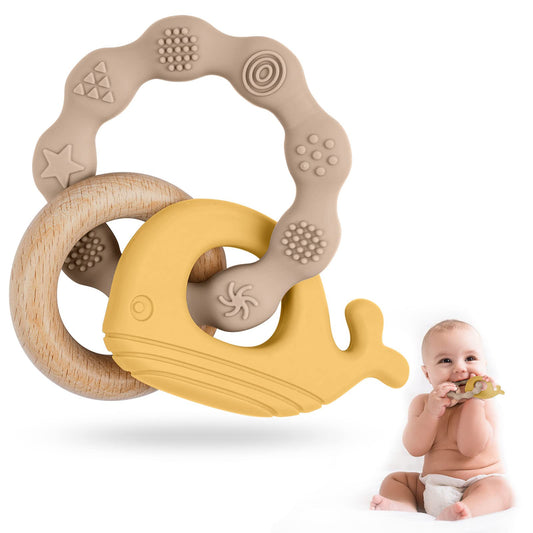 Vicloon Beißring für Babys, Beißring Spielzeug aus Silikon und Holzringe, Baby Zahnungshilfe BPA-frei, Schmerzlindernde Zahnen Nursing Zubehör für ab 3 Monaten Babys(Wal Blau)