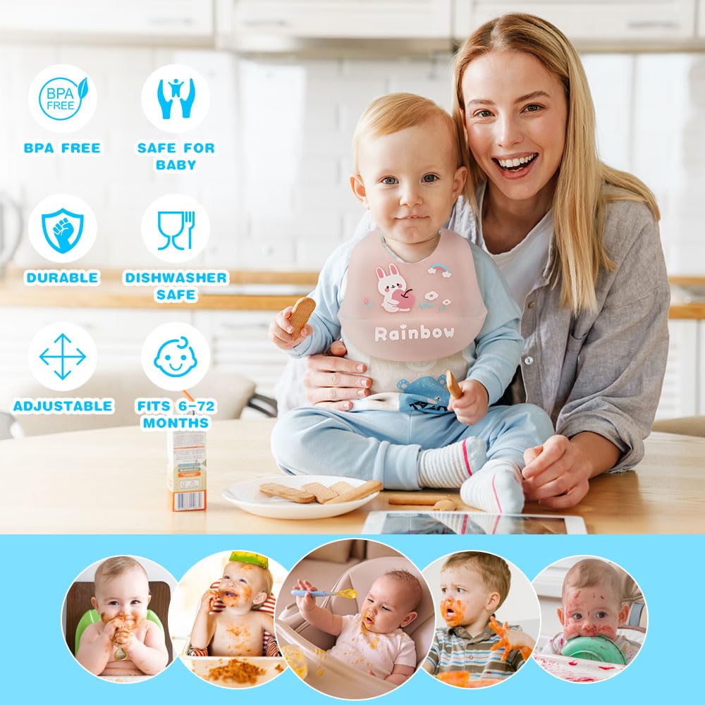 Vicloon Silikon Baby Lätzchen, 2 Stück Baby Lätzchen mit Auffangschale, BPA Frei, Einfache Reinigung, Wasserdicht Silikon-lätzchen für Jungen Mädchen, Kaninchen-Einhorn（Rosa）