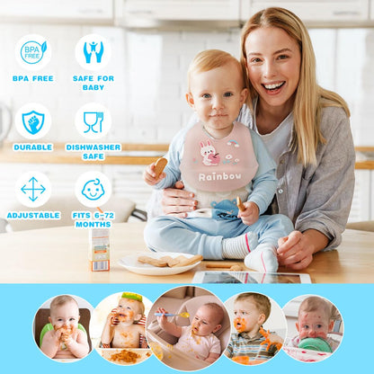 Vicloon Silikon Baby Lätzchen, 2 Stück Baby Lätzchen mit Auffangschale, BPA Frei, Einfache Reinigung, Wasserdicht Silikon-lätzchen für Jungen Mädchen, Kaninchen-Einhorn（Rosa）