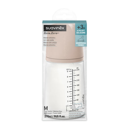 Suavinex, Anti-Colic Babyflasche Zero Zero,mit mittlerem Silikonsauger (M), für Babys ab 3 Monaten, Empfohlen für gestillte Babys und Flaschennahrung, 270 ml, Deep