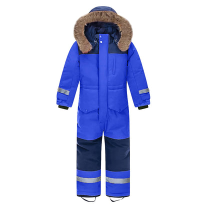 L SERVER Children's Ski Suit Boys with Hood Windproof Waterproof Snow Overall Girls Warm Snowsuit Thicker Ski Overall with Reflective Stripes