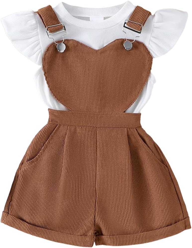 Baby Mädchen Sommer Outfits Rüschen Kurzarm Ripptop+ Blumen/Herzmuster Overalls Shorts Mit Tasche Süßes 2-Teiliges Kleidungsset