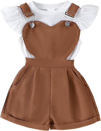 Baby Mädchen Sommer Outfits Rüschen Kurzarm Ripptop+ Blumen/Herzmuster Overalls Shorts Mit Tasche Süßes 2-Teiliges Kleidungsset