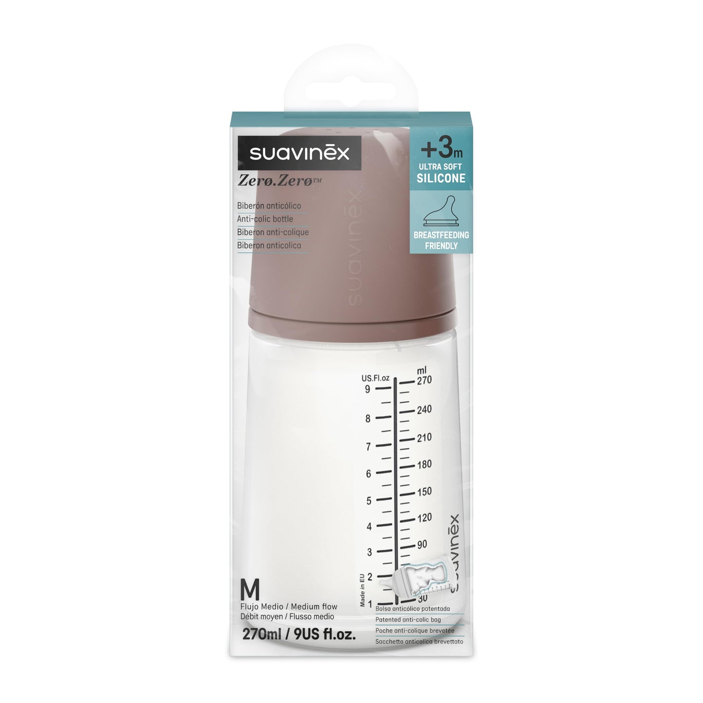 Suavinex, Anti-Colic Babyflasche Zero Zero,mit mittlerem Silikonsauger (M), für Babys ab 3 Monaten, Empfohlen für gestillte Babys und Flaschennahrung, 270 ml, Deep