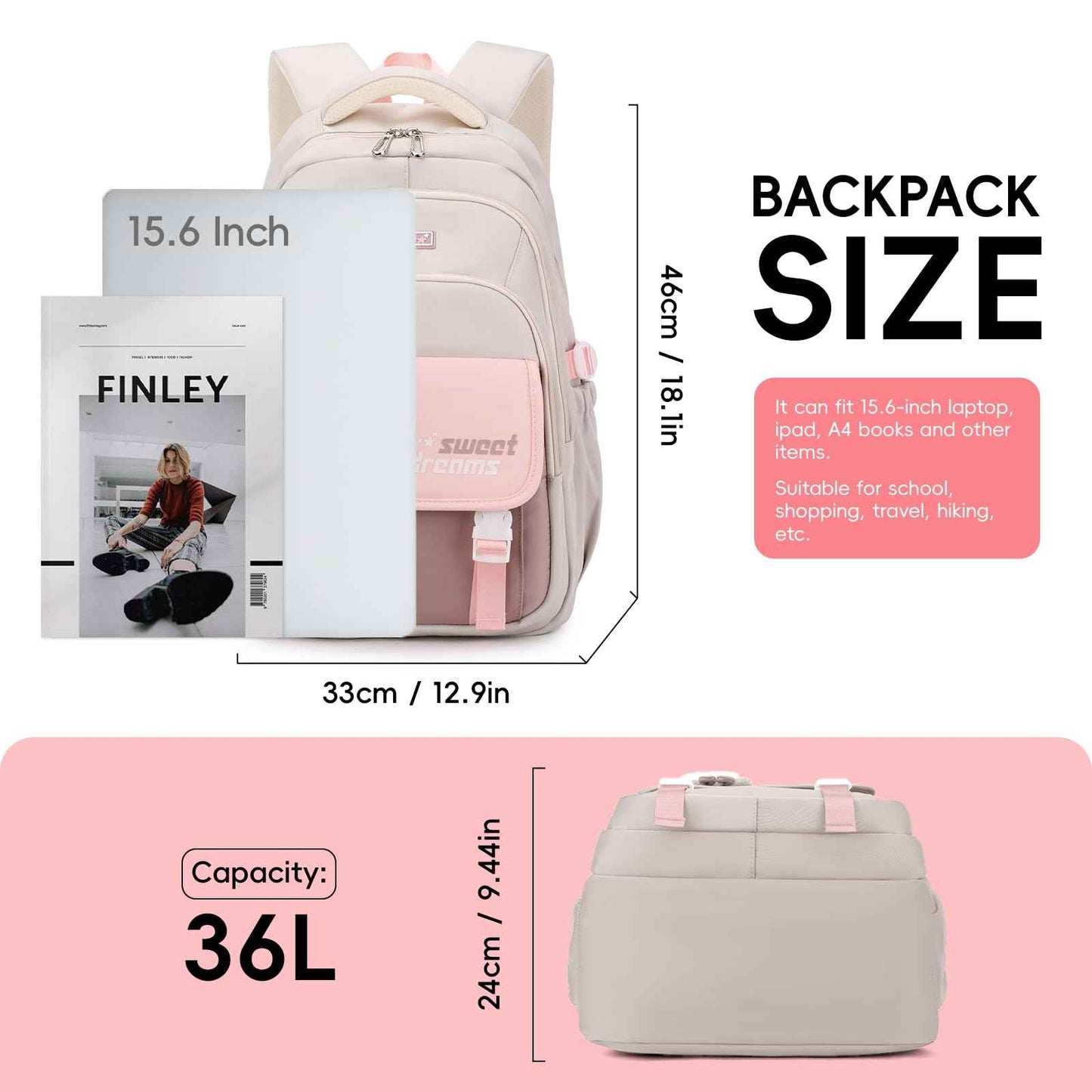 School Backpack Teenager - 36L School Bag for Girls from 5th Grade, Large Backpack for Middle and High School, Casual Children's Backpack with Cute Pendant and Trolley Strap, black, Rucksack